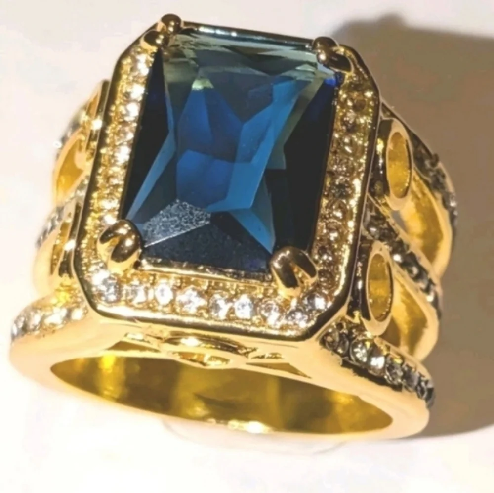 8ct Emerald Lab Created Blue Sapphire Mens Wedding Ring 14k Yellow Gold Plated11